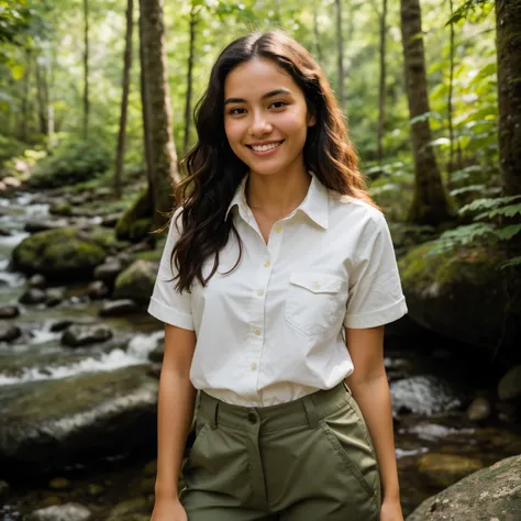 ((best quality)), ((masterpiece)), (detailed), a young latin woman with wavy dark hair, flawed skin and a slender body type, in durable cargo pants, a white shirt, and sturdy hiking boots, standing confidently atop a rocky trail, surrounded by the lush gre...