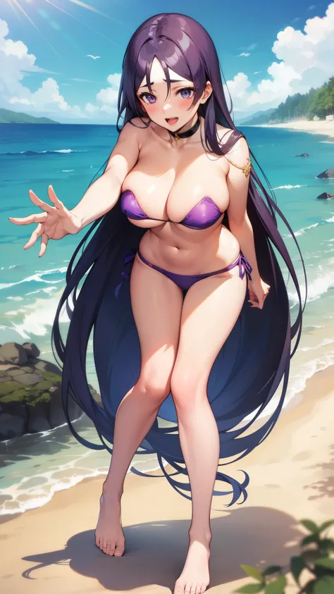 ,Open mouth,big breasts,wide hips,,,purple hair,blush,,smile,,outdoor,milf,from front,beach,purple bikini,beach,sunlight,,choker,armlet,blue sky,open arms,water,ocean,anime,masterpiece,best quality,ultra detailed,,make-up,rouge,mascara,close up,face focus,...