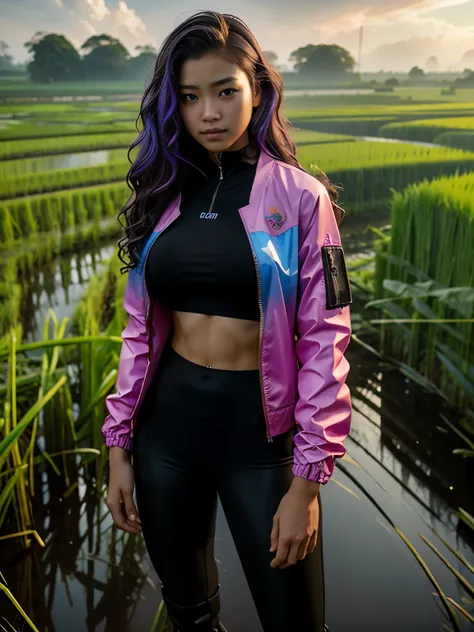 Beautiful cyberpunk girl looking at camera,  big breast, long wavy hair,  multicolor tech jacket,  detailed muscles, realistic masterpiece, standing in 
Indonesian rural rice fields