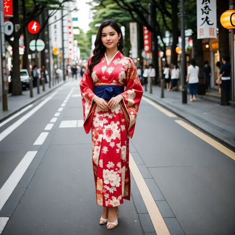 ((best quality)), ((masterpiece)), (detailed),  full body portrait of a young latin woman with wavy dark hair, flawed skin and a slender body type, posing in a beautiful  colored japanese kimono, on a street in Shibuya, Tokyo, perfect face, perfect hands, ...