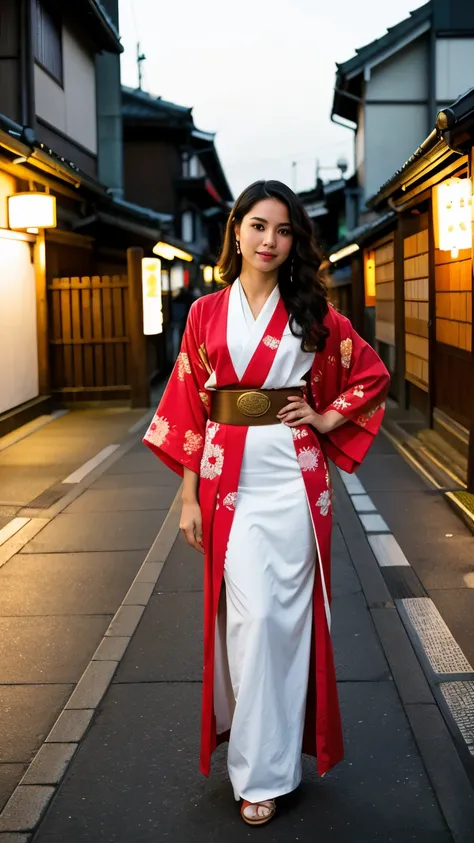 ((best quality)), ((masterpiece)), (detailed),  full body portrait of a young latin woman with wavy dark hair, flawed skin and a slender body type, posing in a beautiful  colored japanese kimono, on a street in Ueno, Tokyo, at night, perfect face, perfect ...