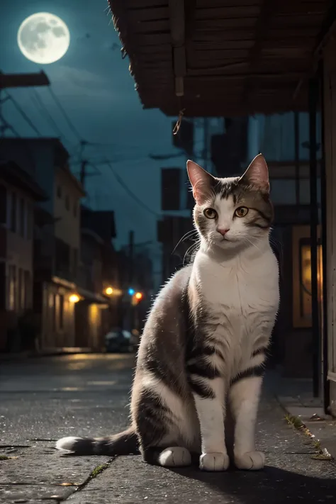 Create a realistic, photo-like image of a strong, resilient stray cat. The cat should appear content and dignified, despite its rough life. Capture the essence of the song, showing the cat in a moonlit urban environment, with a hint of melancholy and deter...