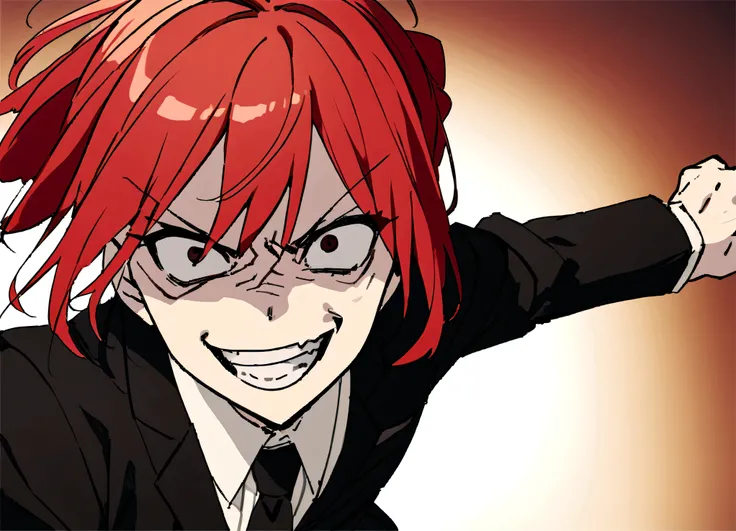 Red hair、Black suit、punch、Scary smile、office、Daytime、punching,Front facing,Momentum、Front facing