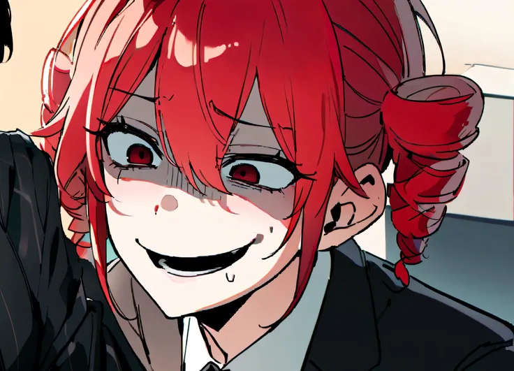 red hair、black suit、he hits a dark-haired man in a suit.、scary smile、office、daytime