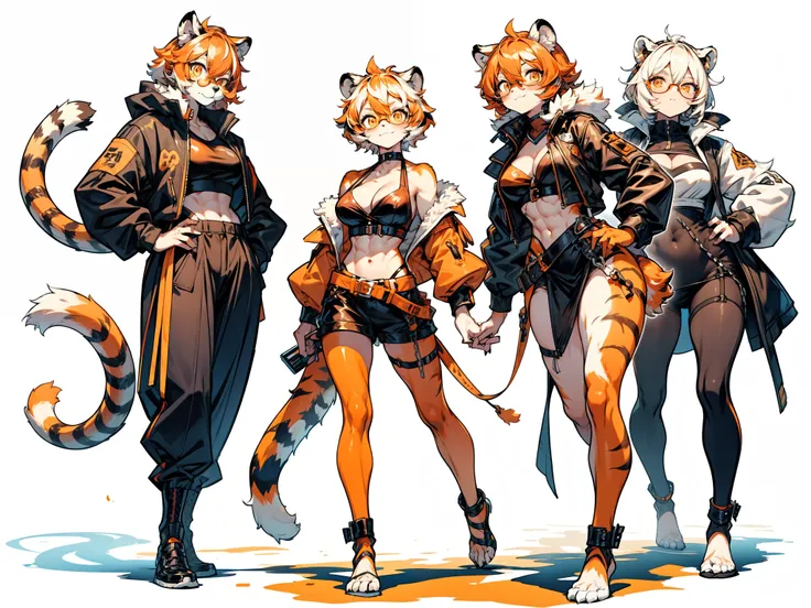 white background, full body, ((furry female:1.2)), Standing, animal ears, white hair, black hair, round eyewear, short hair, large breasts, muscle, tail, orange eyes, orange hair, multicolored hair, tiger girl, hair between eyes, tiger_ears, tiger_tail, or...