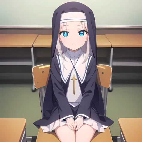mariatakayama, maria takayama, long hair, blue eyes, fang, aqua eyes,
BREAK jewelry, heart, necklace, nun, habit, white short skirt
BREAK indoors, classroom, seated on desk
BREAK (masterpiece:1.2), best quality, high resolution, unity 8k wallpaper, (illust...