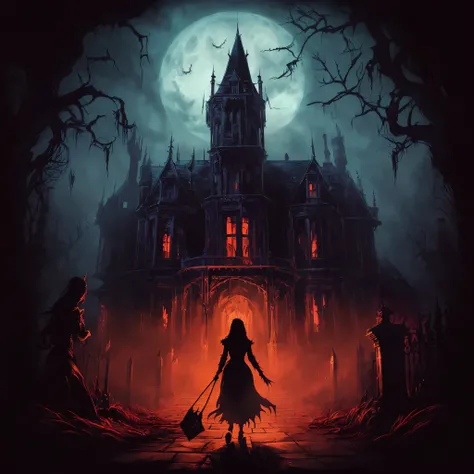 arafed image of a woman walking in front of a creepy castle, an ominous fantasy illustration, detailed 4k horror artwork, elegant horror artwork, spooky mansion, dark fantasy illustration, dark fantasy style art, scary magical background, stunning fantasy ...