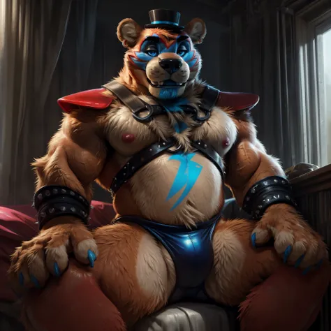 best anatomy, vibrant, best quality, (by null-ghost,by darkgem,by pino daeni,by zoroj, by redrusker), (furry art, soft shading:1.1), (furry glamrockfreddy,:1.1) furry bear, 5 fingers, blue eyes, black nose, standing in a bedroom, masterpiece, Ultra highest...