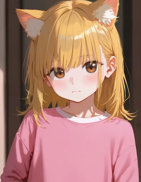 score_9, score_8_up, 1girl, kawaii, animal ears, blonde hair, brown eyes, looking at viewer, upper body, animal ear fluff, pink ...