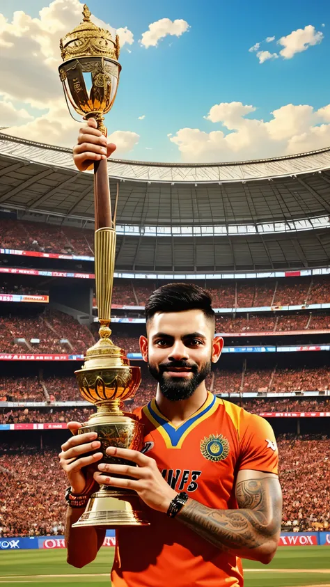 Create an inspiring digital artwork depicting Virat Kohli jubilantly lifting the IPL trophy amidst a stadium backdrop filled with cheering fans