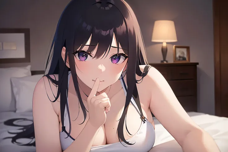 Cleavage,Realistic,real person,(pale skin: 1.2),RAW photo,photorealistic,shiny skin,shiny hair,(A 25-year-old woman with straight hair and bangs)and(medium hair)and(black hair)and(purple eyes),BREAK(White camisole)BREAK,(light smile)and(blush),Background i...