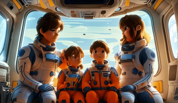 a group of spaceman family sitting next to each other on a space plane, poster art, you see MITSUBISHI air conditioner, trending on pixiv, space art, space station on the moon, happy family, cgsociety and fenghua zhong, fujifilm”