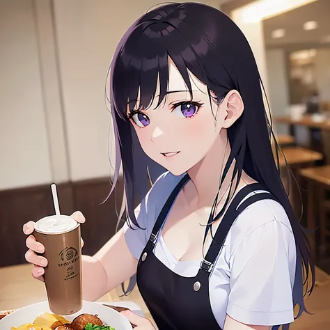 BREAK(white)and(T-Shirts)and(apron:1.3)BREAK,Realistic,real person,(pale skin: 1.2),RAW photo,photorealistic,shiny skin,shiny hair,(A 25-year-old woman with straight hair and bangs)and(medium hair)and(black hair)and(purple eyes),(light smile),Dining backgr...