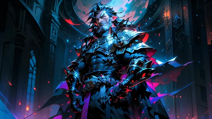 In a fantasy world under a nebula-filled night sky, a rugged anime character with a muscular build, spiky black hair, and a large sword stands stoically. Clad in dark armor with a long cape flowing behind, they gaze out into the starlit horizon.