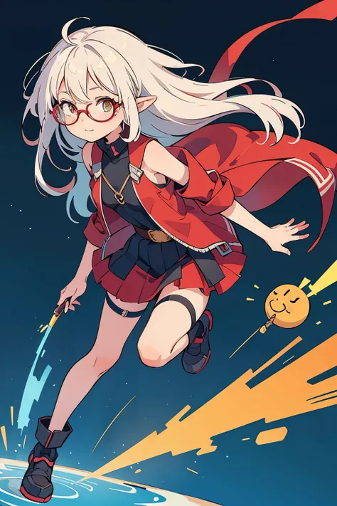 To create an anime style illustration of a girl with white hair, full body beauty, black rimmed glasses, red uniform, and engineer motif. She should have striking red hair that evokes intelligence and creativity, and elven features such as pointed ears. He...