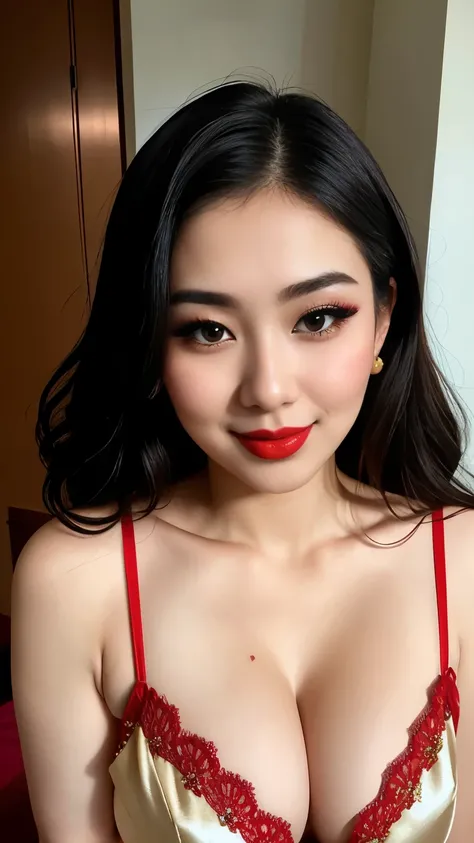 instagram photo, closeup face photo of 23 y.o Chloe in kebaya, Red Lipstick, sensual Lipstick, Sensational Make Up, cleavage, pale skin, (smile:0.4), hard shadows, Red G-STRING 