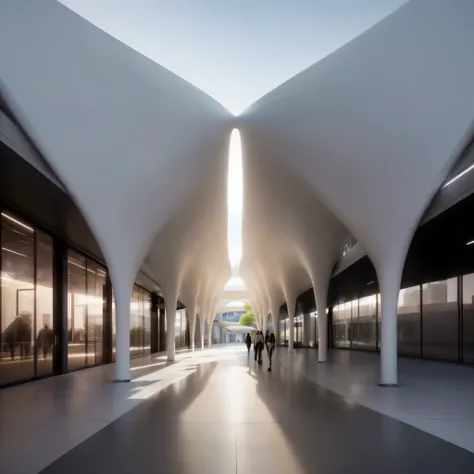 People walk past a building with white arches, by Zha Shibiao, inspired by Zha Shibiao, foster and partners, Web portals. Zaha Hadid, in style of Zaha Hadid architect, Zaha Hadid octane highly render, in style of Zaha Hadid, Zaha Hadid style architecture, ...