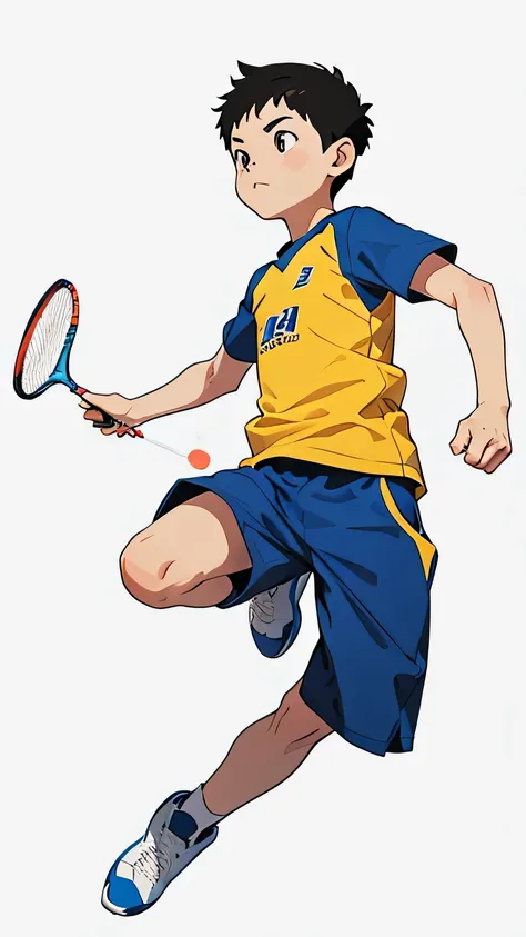 Long Range Whole Body，A boy is Jump up and play play badminton, cartoon simple drawingwhite background, simple lines, simple painting styleflat illustration, simple colors, vector graphic styledetails high definition, high resolution. --niji 6.