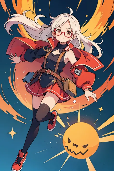 To create an anime style illustration of a girl with white hair, full body beauty, black rimmed glasses, red uniform, and engineer motif. She should have striking red hair that evokes intelligence and creativity, and elven features such as pointed ears. He...