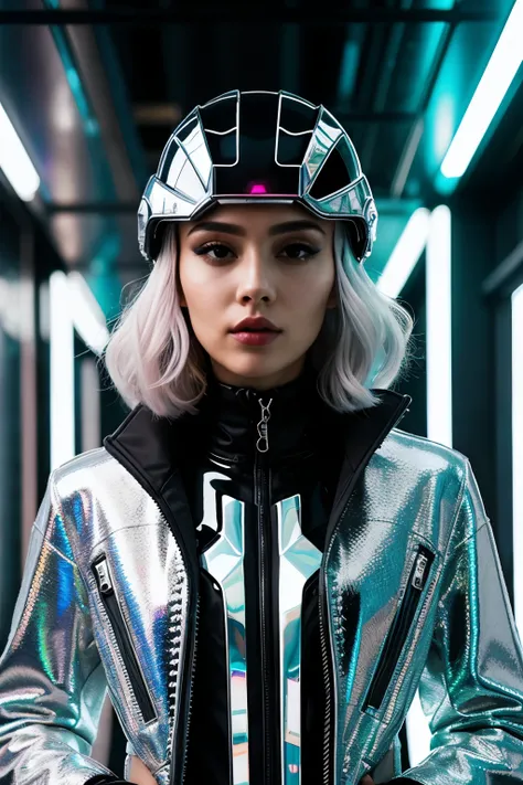 a close up of a woman wearing a shiny silver helmet and a shiny jacket, cyber aesthetic, cyberpunk vibes, futuristic aesthetic, futuristic style, holographic design, futuristic look, futuristic art style, wearing futuristic, cyber style, futuristic fashion...