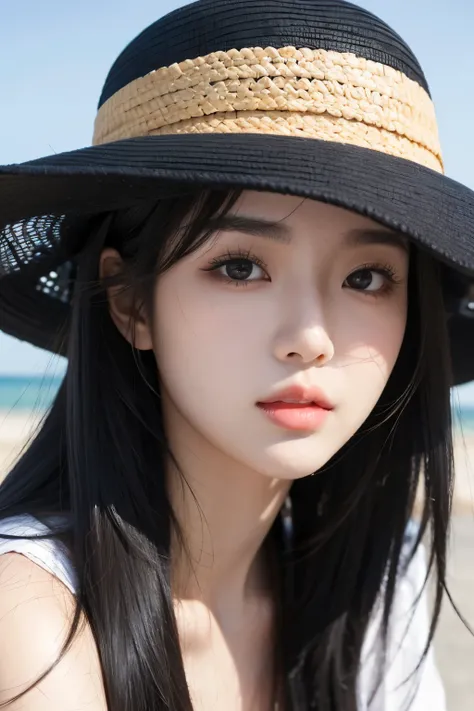 face of a realistic woman, korean, eyes black, wearing a beach hat, long black hair, best qualityer.