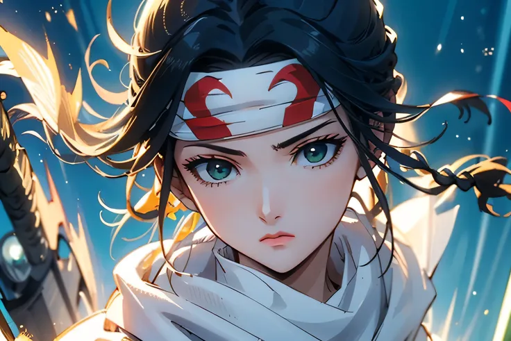 ((masterpiece、Highest quality、Super detailed))、1 girl、solo、scarf、head band、arms、Best Quality、Black Hair、Braid、ponytail、Green Eyes、Headband、whole body、action、looking at the camera、grassland