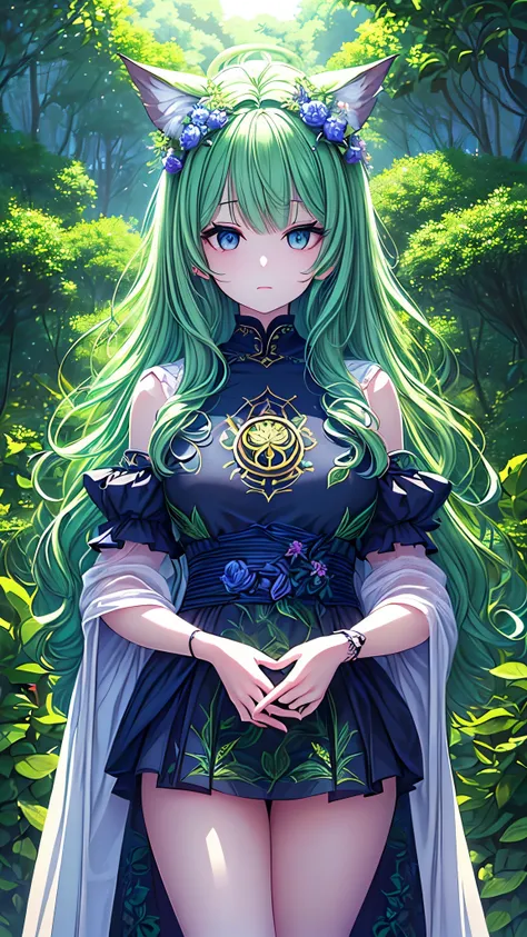 ((best quality)), ((masterpiece)), (detailed), une fille, visage parfait, Longhaire, ((golden hair)), curly hair, decorated cheveux, ultramarine blue eyes,(

Name: Midori Hana
Element: VERDANTHIA
Description: A serene and graceful guardian of the forest. P...