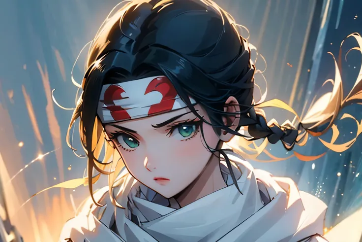 ((masterpiece、Highest quality、Super detailed))、1 girl、solo、scarf、head band、arms、Best Quality、Black Hair、Braid、ponytail、Green Eyes、Headband、whole body、action、looking at the camera、grassland