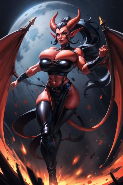 Busty Red skin succubus tiefling, large breasts, black horns, wings, huge tail, black leather, crop top, long flowing pelvic curtain, tall, athletic, graceful, thin, long black ponytail. Action scene, whip. Dark scene, explosions, night sky.