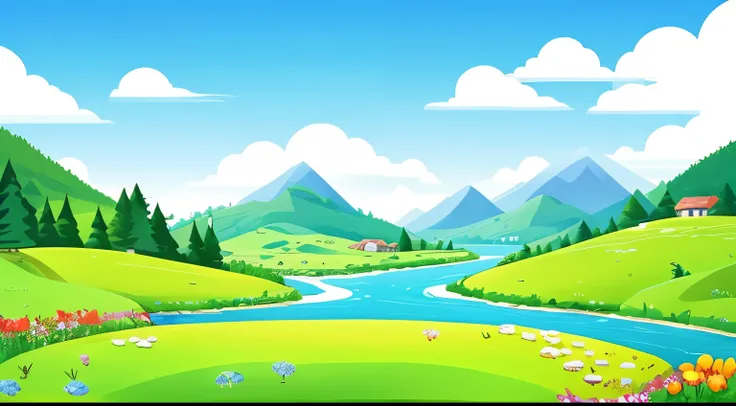 Cartoon illustration of green meadows with flowers and rivers, background art, landscape background, 2d game art background, 2d game background, meadow background, Background of the scene, Landscape Illustration, Mobile game background, pile hill, natural ...