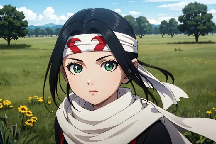 ((masterpiece、Highest quality、Super detailed))、1 girl、solo、scarf、head band、arms、Best Quality、Black Hair、Braid、ponytail、Green Eyes、Headband、whole body、action、looking at the camera、grassland