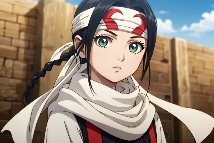 ((masterpiece、Highest quality、Super detailed))、1 girl、solo、scarf、head band、arms、Best Quality、Black Hair、Braid、ponytail、Green Eyes、Headband、whole body、action、looking at the camera、grassland
