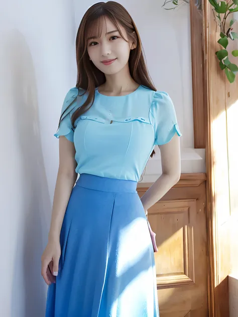 1woman, smiling,smart shaped face, crystal clear white skin,portrait, slender, ((wearing a blue-sky sweeter and long skirt))