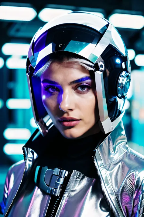   a woman wearing a shiny silver helmet and a shiny jacket, cyber aesthetic, cyberpunk vibes, futuristic aesthetic, futuristic style, holographic design, futuristic look, futuristic art style, wearing futuristic, cyber style, futuristic fashion, holographi...