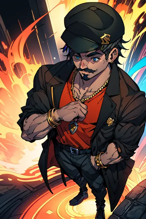 A high-quality, detailed Mario character, intricate details, photorealistic 3D rendering, dynamic lighting, cinematic angle, vibrant colors, bold shadows, muscular body, heroic expression, his mustache covering his smile, iconic red hat and jumpsuit, JoJos...