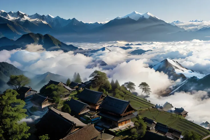 mountains covered in clouds and trees with a few houses on top, hut, cafe in the clouds, above a village, upon the clouds, by Etienne Delessert, by Yang Borun, old asian village, by Liu Haisu, above the clouds, alp, “ aerial view of a mountain, view above ...