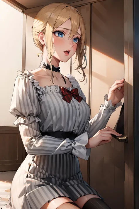 short ponytail,Short Hair,
BREAK ((black choker, red bowtie, vertical-striped dress, grey dress, puffy sleeves, (vertical stripes:1.2), long sleeves, striped skirt, frilled thighhighs:1.5))
BREAK drunk, open mouth, blush, tired, looking at you, city, night...