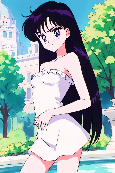 Rei Hino, 1 girl, solo, Best quality, masterpiece, High Definition, Teenager, Purple Eyes, Beautiful Detail Eyes, Black Hair, Long Hair, Good hands at sides, Seductive Smile, Blushing, Bare Neck, Bare Shoulders, strapless, white short ruffle off the should...