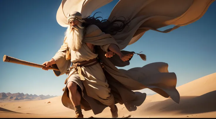 A photo of the prophet Moses traveling through the desert,Realistic,photoRealistic:1.37,Moderate:figure,High resolution,Super detailed,Portraiture,Detailed eyes and face,beard,Long Hair,elder,Wearing a loose robe,Carrying a walking stick,In the middle of a...