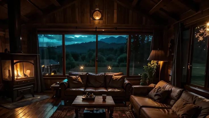 generate a rural area night view from a house windows of scenery. Inside the house theres a wooden tables and cozy sofa, theres also a stove with firewood lighted inside the house