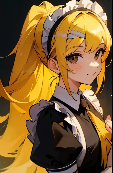 Best quality,high detail,masterpiece,one woman,black eyes,wearing a maid headband,yellow long ponytail,maid uniform,yellow hair,smiling face