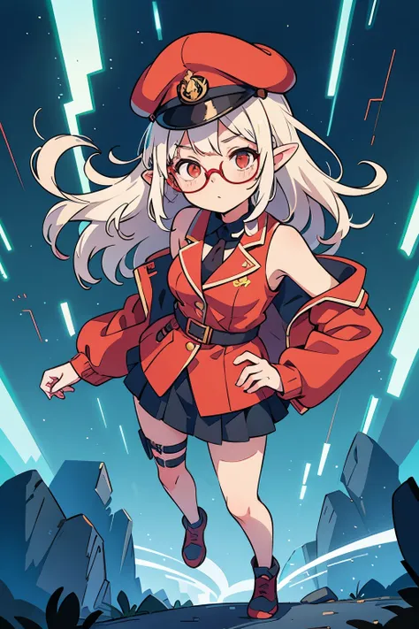 To create an anime-style illustration of a girl with white hair, full body beauty, black rimmed glasses, red uniform, and engineer motif. She should have striking red hair that evokes intelligence and creativity, and elven features such as pointed ears. Cl...