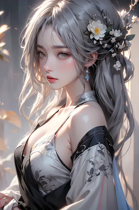 super high quality, masterpiece, Perfect illustration, Very detailed (Exquisite light and shadow, Very dramatic photo,Backlight) , ((Gray Hair:1.5))1 Girl,(( alone:1.6)), (Wearing Han clothes, Black and white Hanfu,Monotony,Long sleeve) Flower Field, Flowe...