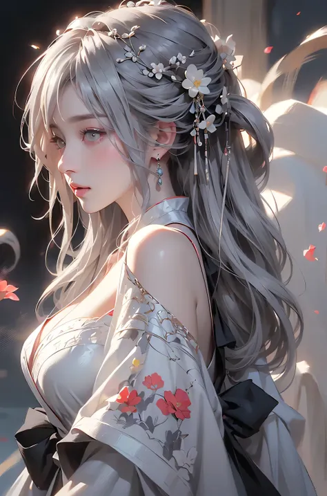 super high quality, masterpiece, Perfect illustration, Very detailed (Exquisite light and shadow, Very dramatic photo,Backlight) , ((Gray Hair:1.5))1 Girl,(( alone:1.6)), (Wearing Han clothes, Black and white Hanfu,Monotony,Long sleeve) Flower Field, Flowe...