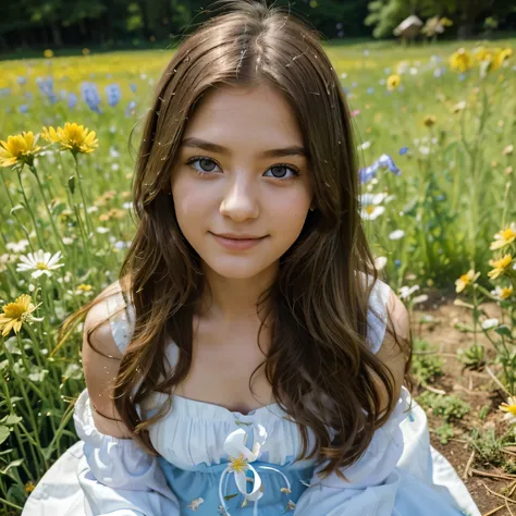 a teenage girl of ethereal beauty is sitting in a flowery meadow during spring. her long wavy hair shines in the sun, and she we...