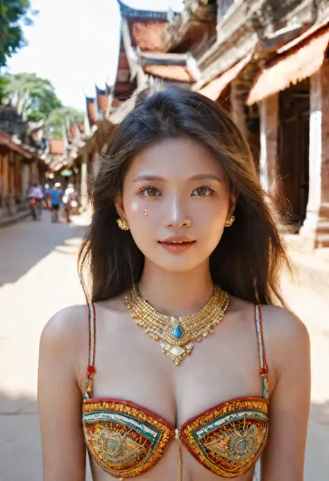 cambodia woman in traditional cambodian teunue in Paro in the heart of cambodia, wear cambodia traditional, photography of stunning girl, in the city, enjoying, girl, summer, hot girl, (((small bust))), brunette hair, looks into the camera, symmetrical fac...