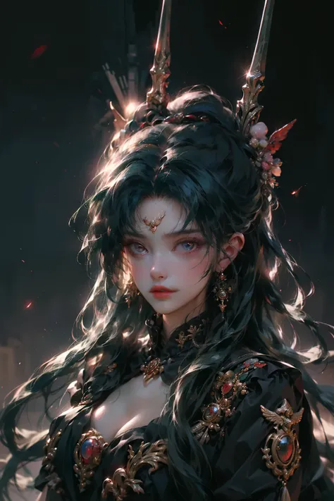 (masterpiece, Highest quality, Highest quality, Official Art, beautifully、aesthetic:1.2), Very detailed,Beautiful Goddess、Black Dress、Dark green hair、magic、whole body、Red Eyes