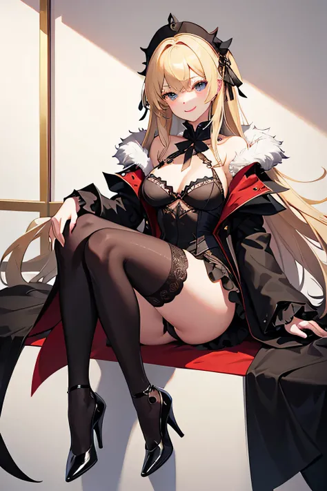 Young, blonde haired girl, medium breasts, cloak top with sleeves, fur collar, black stiletto heels, black skirt with lace frills, smile, sexy look