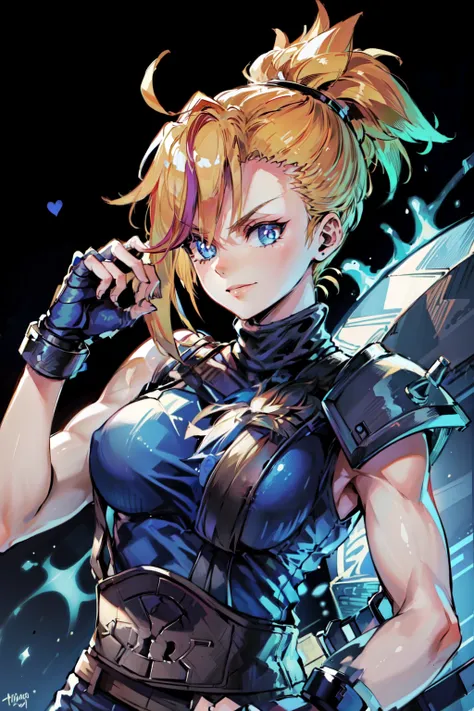 (masterpiece, best quality:1.2), Blue  glowing eyes, perfect face, highres, 1 girl, solo, ultra long ponytail, (female:1.5), strife, blonde hair, shoulder armor, sleeveless turtleneck, suspenders, belt, gloves, bracer, evil smile, standing, portrait, looki...