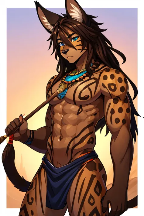 Athletic strong serval, male, femenine, soft face, brown skin, smooth skin, tall and handsome, African, torso covered in bodypaint; long messy hair, anthro, African, tribal savage; casting magic spell, mage